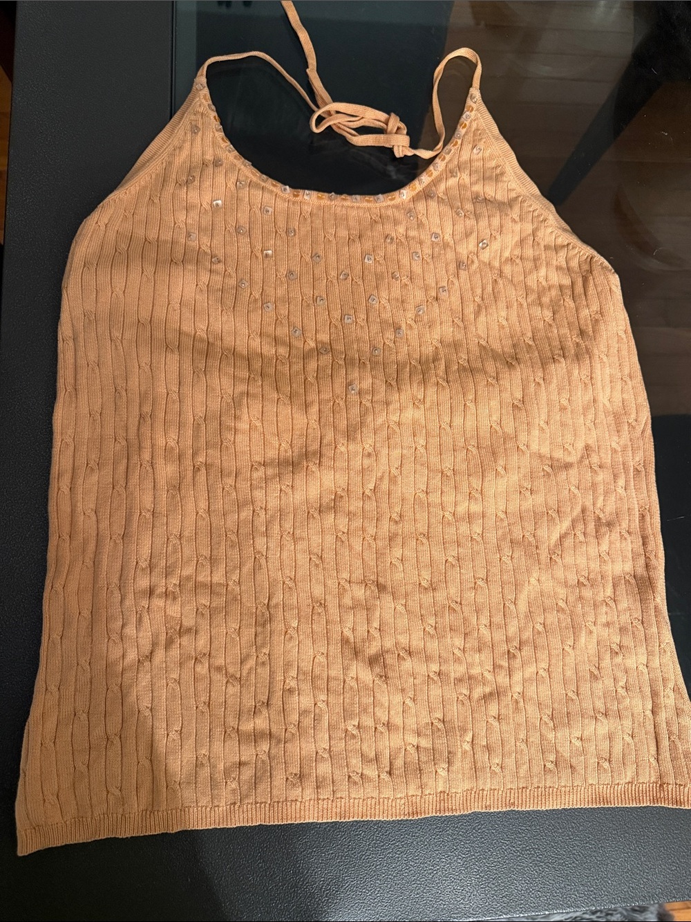 The Limited Peach Ribbed Halter Tank with Sequin Detail
